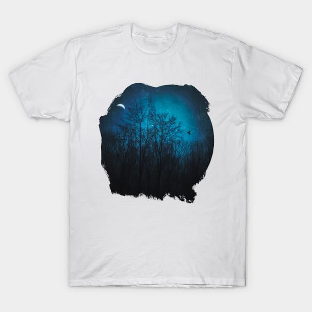 Moody Trees - Night Scene With Tree Silhouettes and Half Moon T-Shirt by DyrkWyst